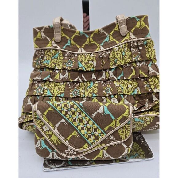 Vera Bradley Ruffled Tote Bag and wallet With Bird Print Brown/Green/Yellow 14" - Picture 7 of 10
